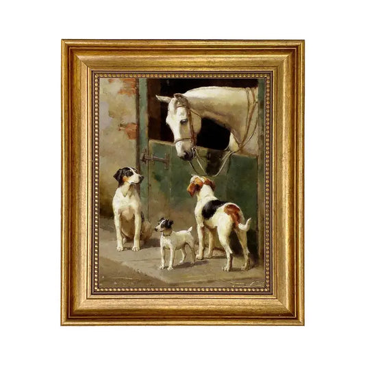 Dog & Horse Stable Framed Oil Painting