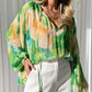 Geometric Floral V-Neck Balloon Sleeve Pleated Blouse