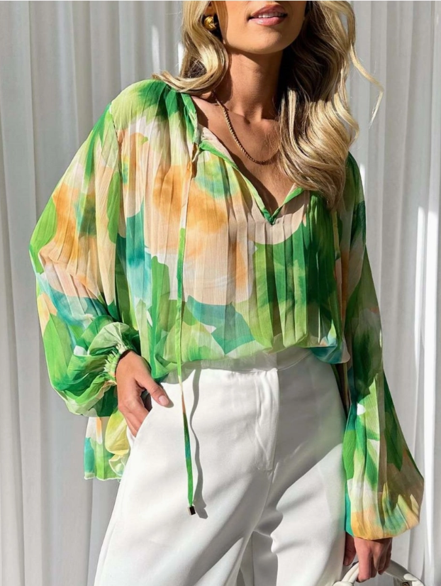 Geometric Floral V-Neck Balloon Sleeve Pleated Blouse