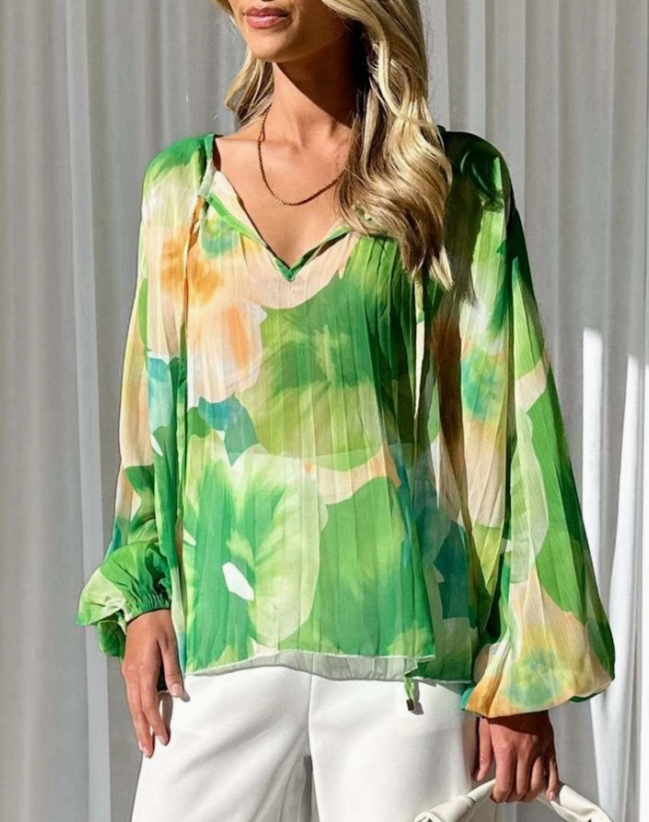 Geometric Floral V-Neck Balloon Sleeve Pleated Blouse