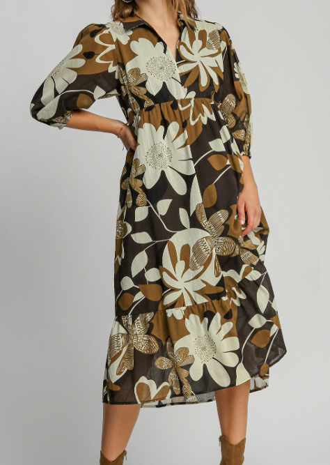 Floral Abstract Print Collared Tiered Midi Dress