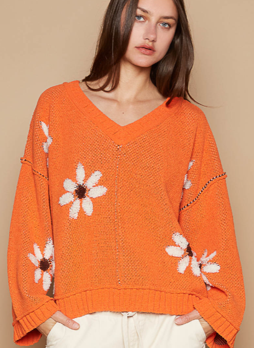 Orange Floral Knit Sweater