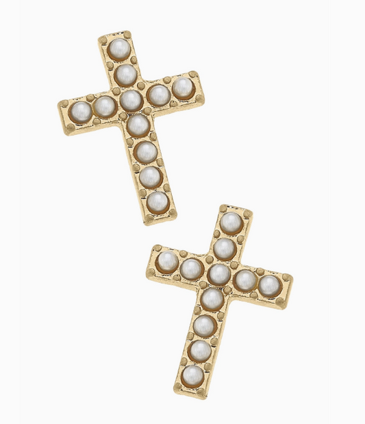 Meryl Pearl Studded Cross Stud Earrings