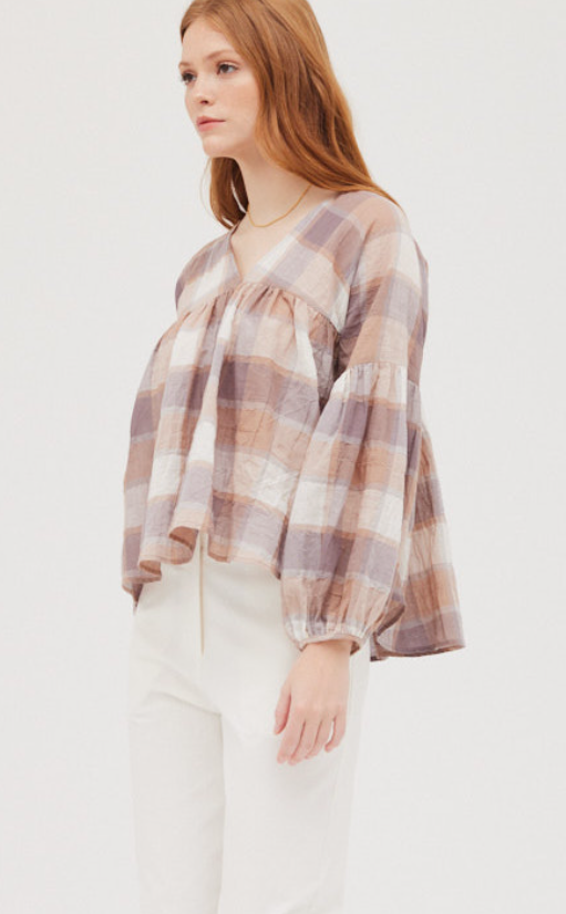 Plaid Balloon Sleeve Blouse