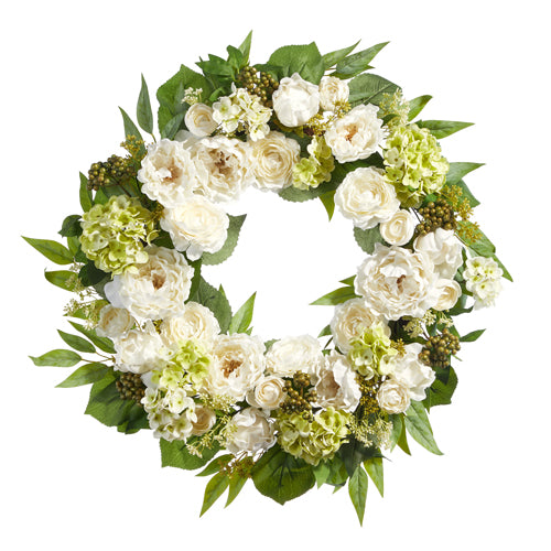 White Peony, Ranunculus, Geranium Wreath