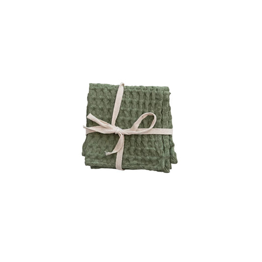 Stonewashed Green Cotton Waffle Weave Dish Cloths