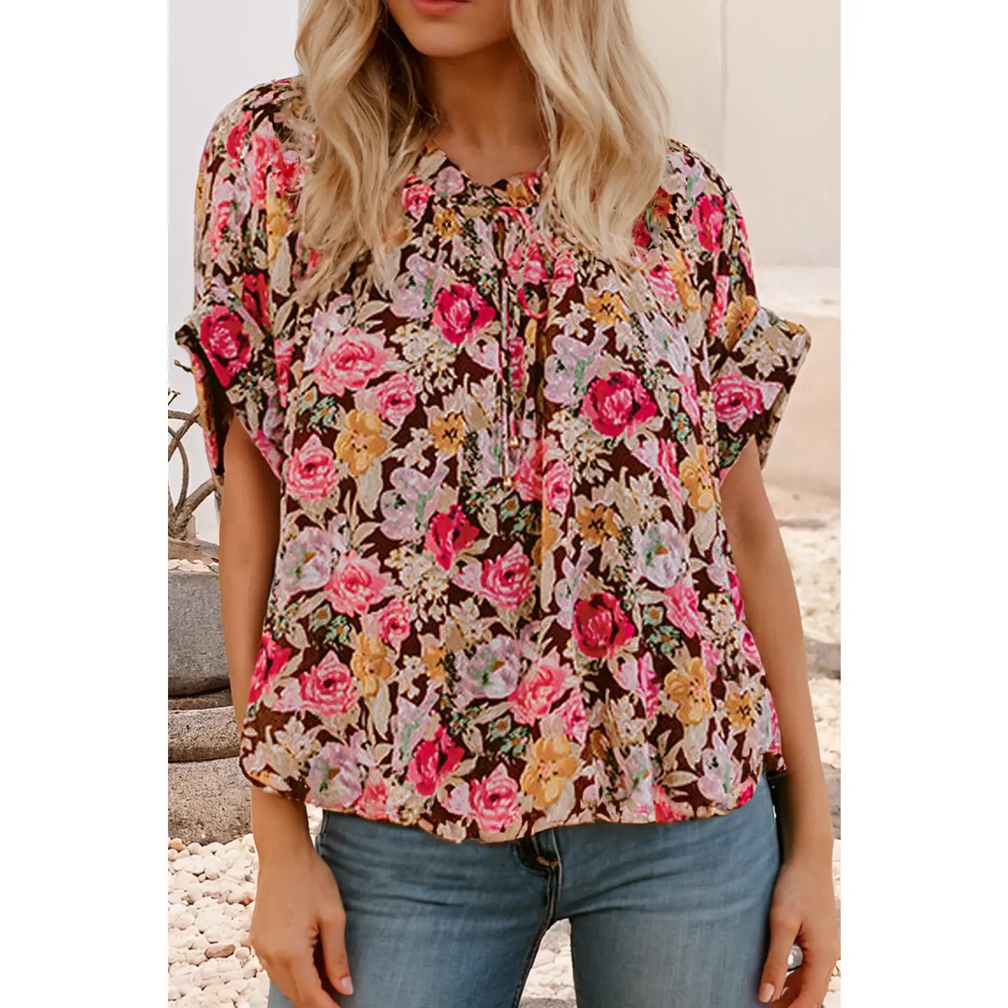 Floral Print Crew Neck Short Sleeve Blouse