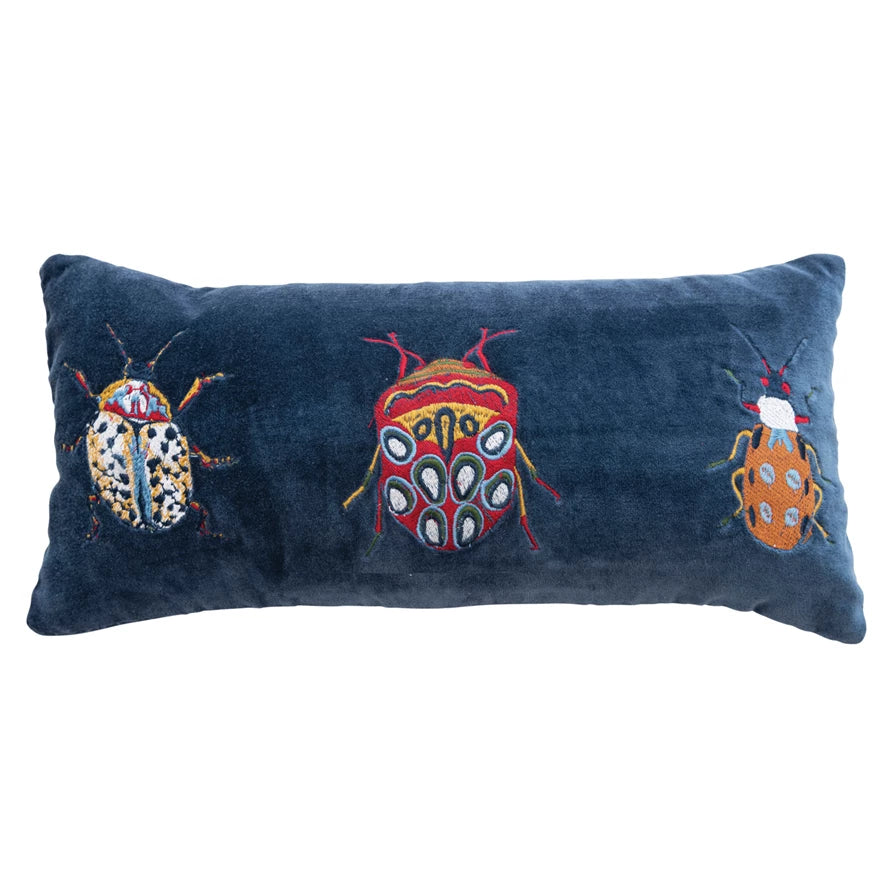 Velvet Embroidered Beetles Lumbar Pillow