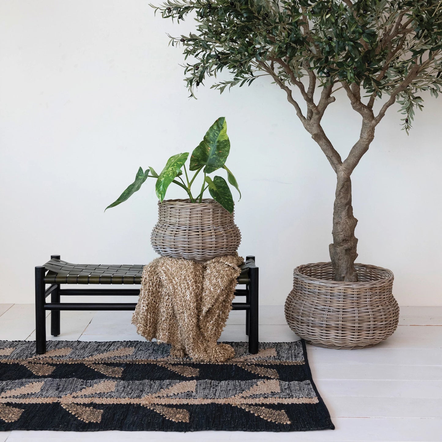 Woven Jute, Leather &amp; Cotton Chindi Rug