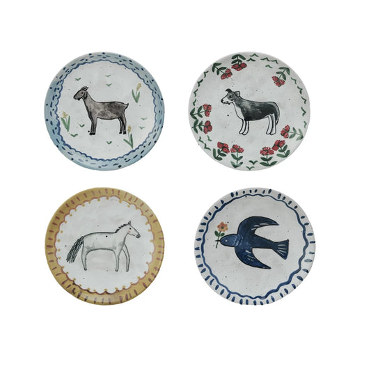 Round Hand-Painted Animal Stoneware Plate