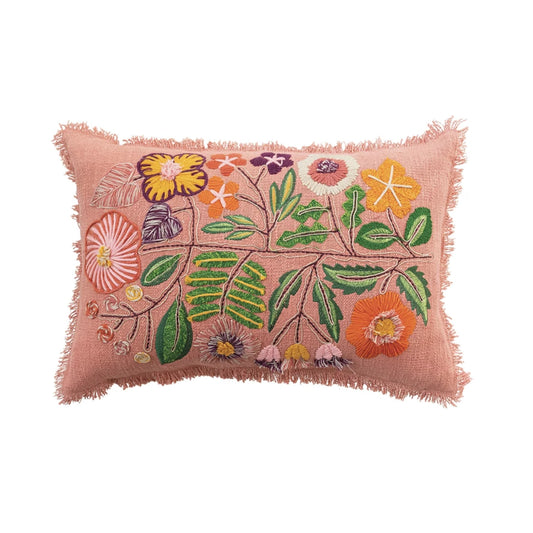 Embroidered Flowers &amp; Eyelash Fringe Pillow