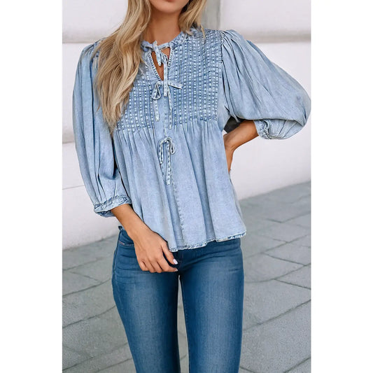 Denim Front Pintuck Bow Tie Puff Sleeve Top