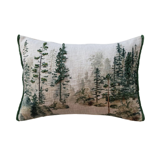 Lumbar Pillow With Trees & Embroidery