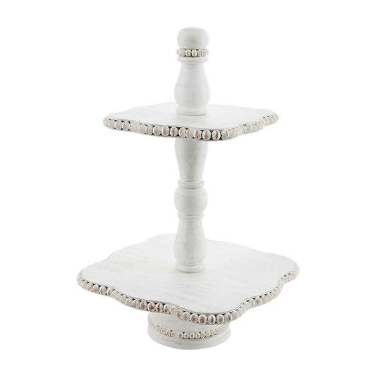 White Beaded Wood Tiered Stand