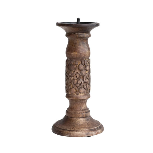 Hand-Carved Mango Wood Candle Holder - Walnut Finish