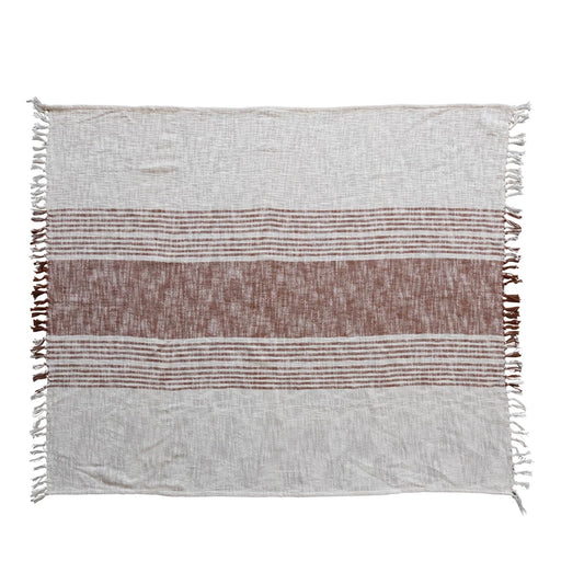 Woven Cotton Throw with Stripes & Fringe