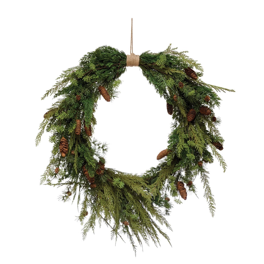 Faux Pine Wreath with Pinecones and Jute Hanger