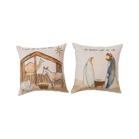 Square Cotton Chambray Pillow with Nativity