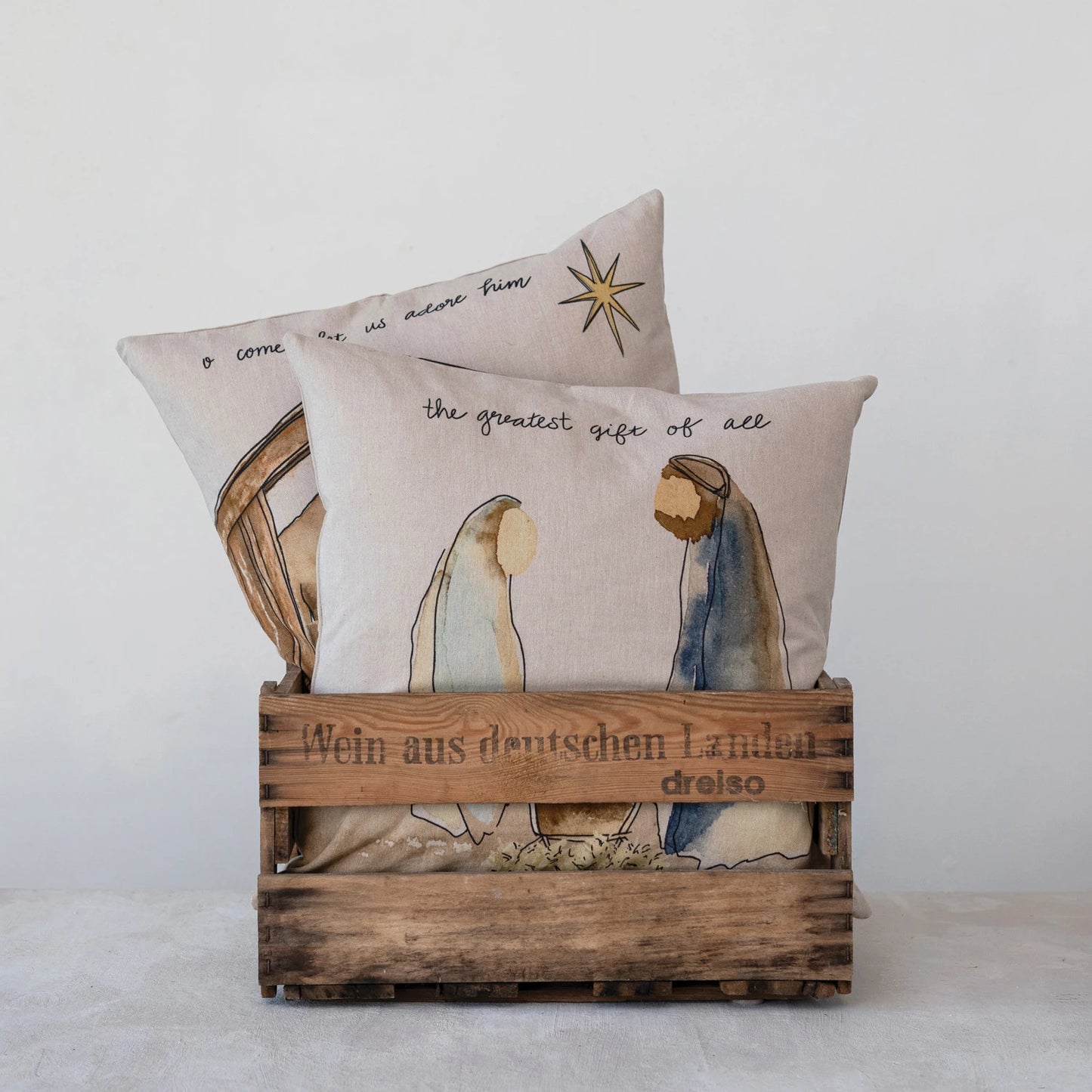 Square Cotton Chambray Pillow with Nativity